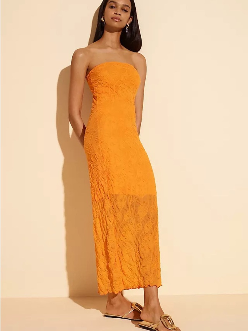 Anthropologie Strapless Orange Midi Dress with Textured Lace